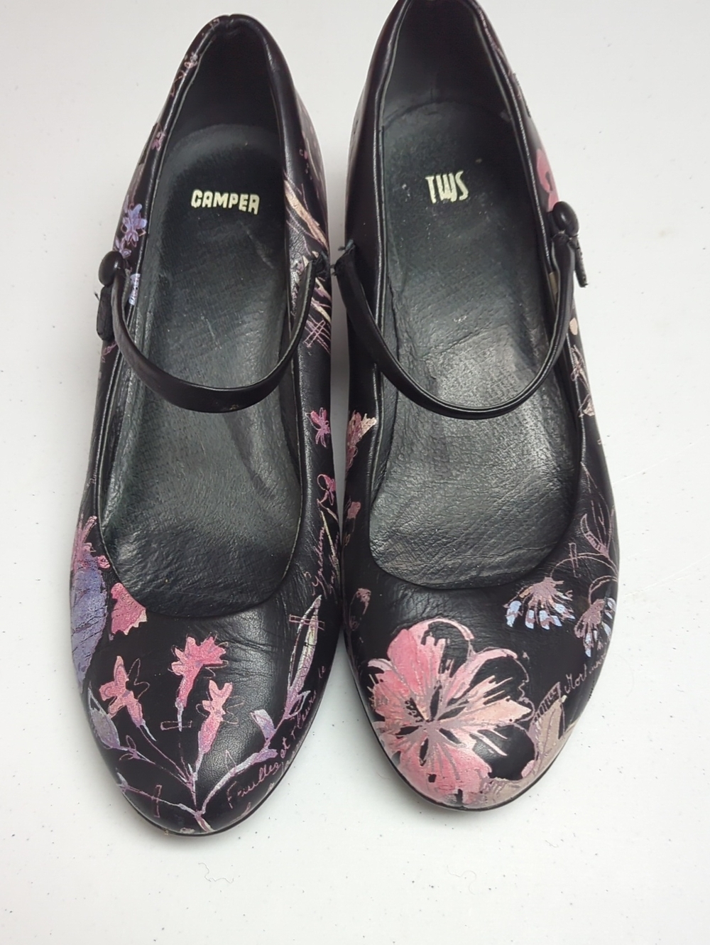 Camper Black Floral Mary Jane Flats with Pink & Purple Accents